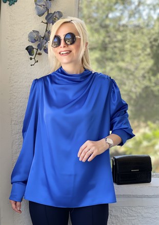 Taş Detaylı Saten Bluz Saks Mavisi